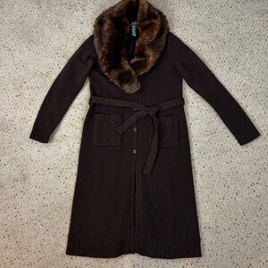 Lauren Ralph Lauren Brown Cardigan with Faux Fur Collar